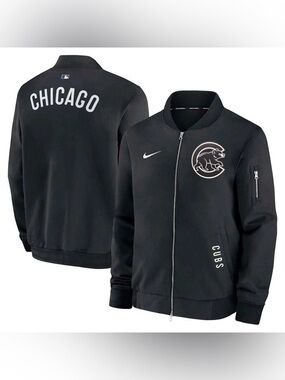 CHICAGO CUBS NIKE AUTHENTIC ON FIELD BLACK FULL ZIP WALKING BEAR BOMBER JACKET